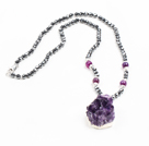 Wholesale Simple Single Strand Faceted Hematite Beads Necklace with Crystallized Amethyst Pendant