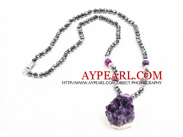 Simple Single Strand Faceted Hematite Beads Necklace with Crystallized Amethyst Pendant