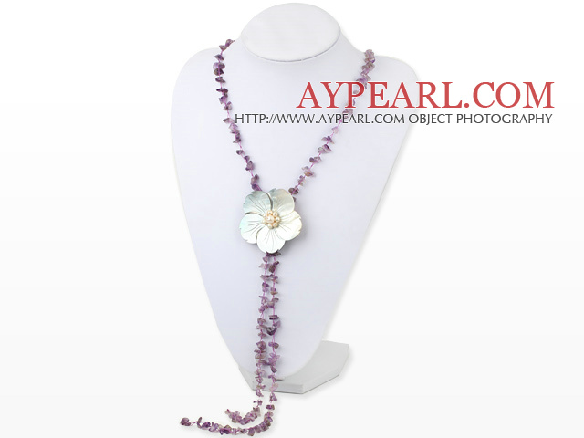 Elegant Y Shape Amethyst Chips And White Shell Pearl Flower Pendant Necklace