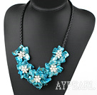 Elegant Sky Blue Shell Flower And White Freshwater Pearl Cluster Necklace With Black Leather Cord