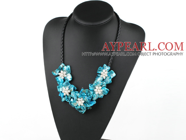 Elegant Sky Blue Shell Flower And White Freshwater Pearl Cluster Necklace With Black Leather Cord