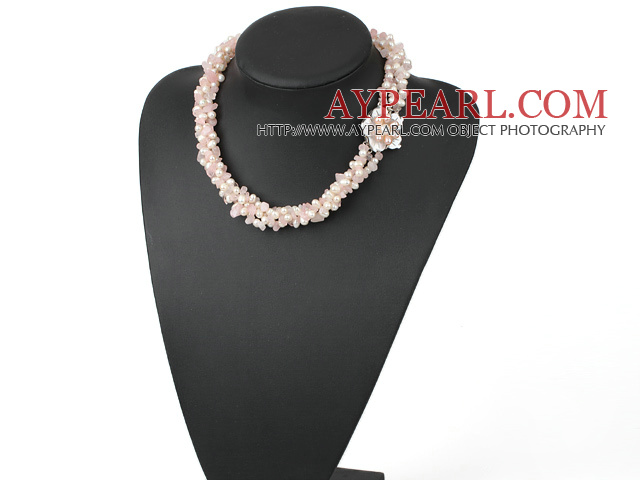 Fashion Multi Strand Twisted Rose Quartz And White Pink Freshwater Pearl Necklace With Shell Flower Clasp