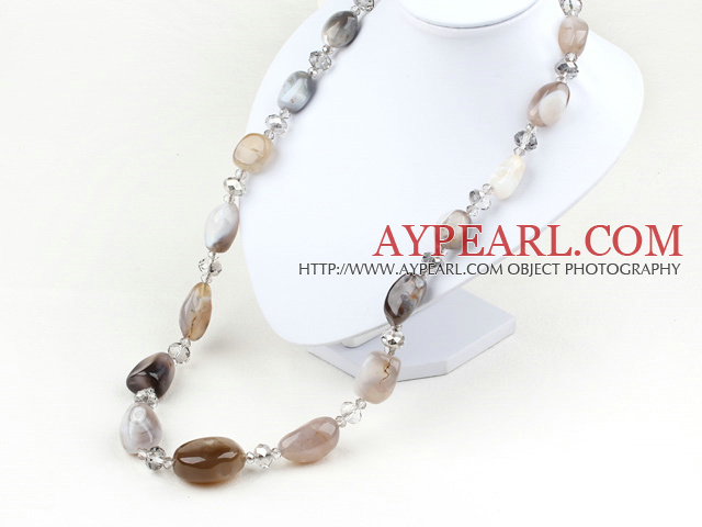 Gray Agate and Clear Crystal Long Style Necklace