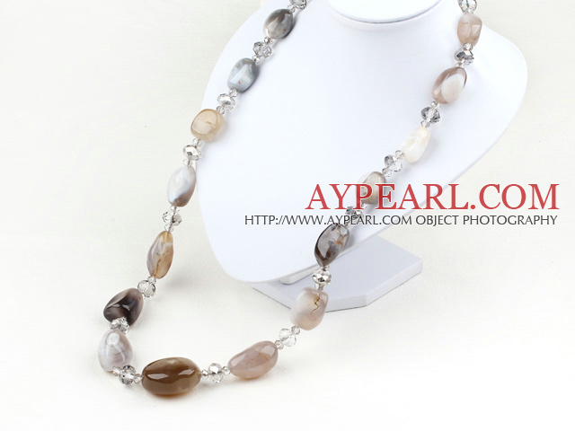 Gray Agate og Clear Crystal lang stil halskjede