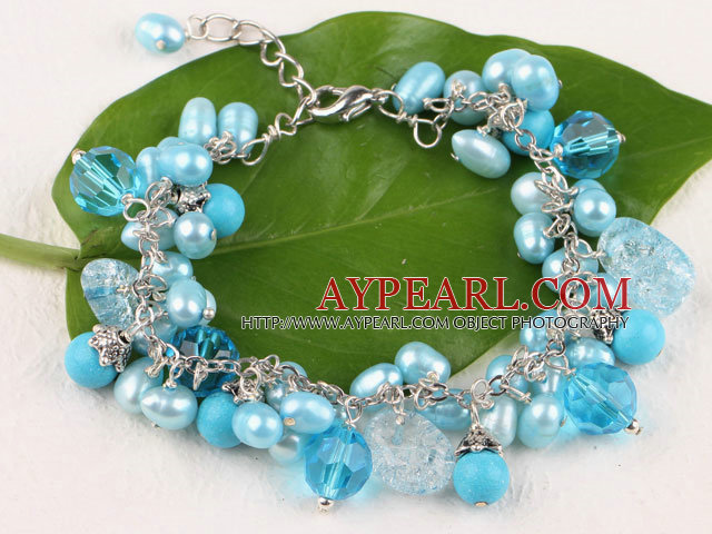 Fancy blå ferskvannsperle krystall og turkis armbånd med hummer låsen