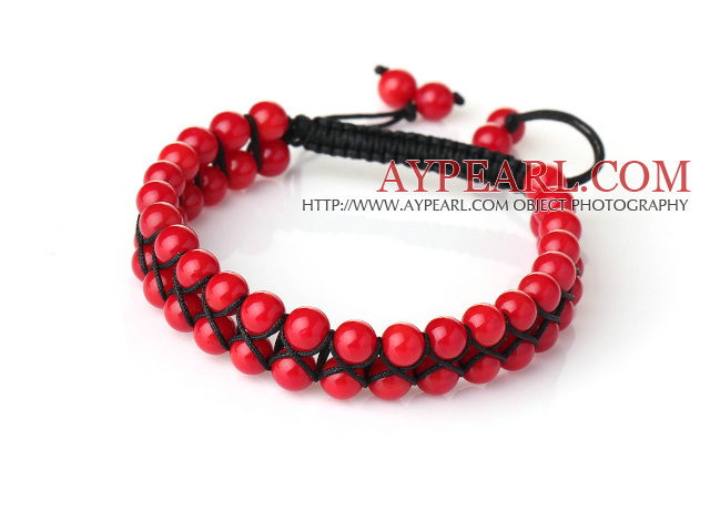 Fashion Style Two Rows Round Red Coral Woven Adjustable Drawstring Bracelet