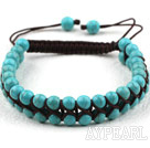 Fashion Style Two Rows Round Turquoise Weaved Adjustable Drawstring Bracelet