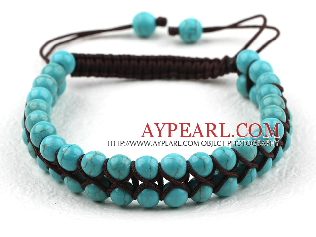 Fashion Style Two Rows Round Turquoise Woven Adjustable Drawstring Bracelet