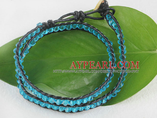 Blue manmade crystal leather thread wrap bracelet