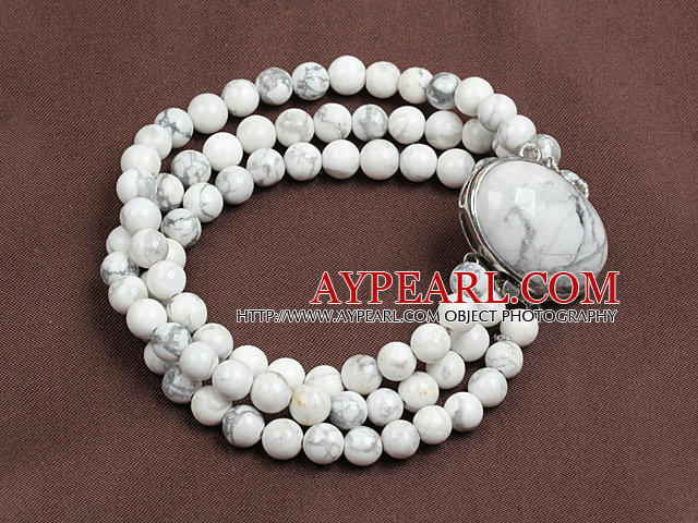 Fashion Three Strand 6Mm White Howlite Beads Bracelet