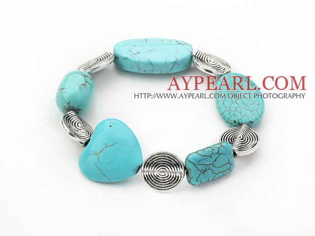 Stretch chunky style assorted shape turquoise and flower beads bangle bracelet