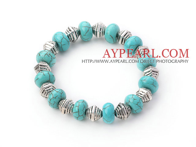 Stretch turquoise and tibet silver beads bangle bracelet