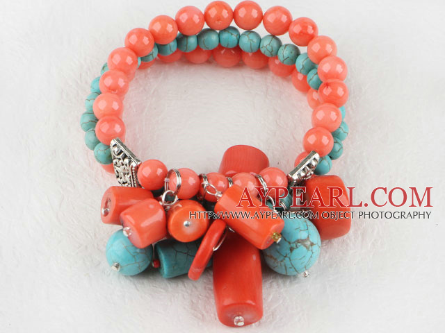 elastic style 7.5 inches pink coral and turquoise bracelet