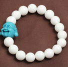Classic Design White Porcelian Stone Beads Elastic/ Stretch Bracelet With Blue Buddha Head