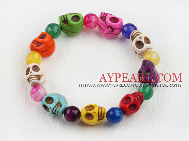 Multi Color Agate and Skull Stretch Halloween Bracelet