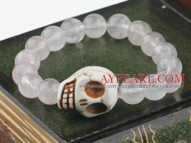 Round Rose Quartz and Turquoise Skull Elastic Bracelet