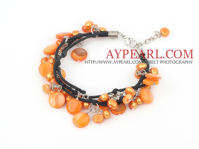 dyed orange color pearl shell bracelet with lobster clasp