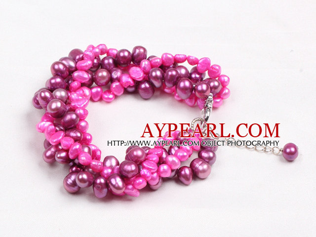 Fashion Multi Strand Natural Rose Red Freshwater Pearl Twisted Armbånd