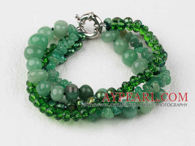 Multi Strand Deark Green Peark Crystal and Aventurine Bracelet with Moonlight Clasp