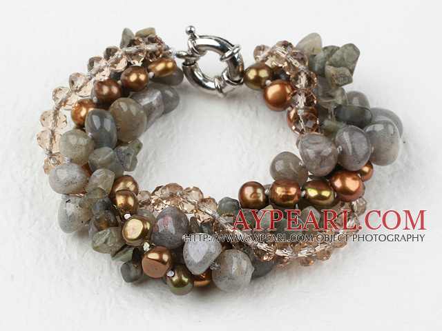 Multi Strand Brun Freshwater Pearl Crystal och Blinkande sten Armband