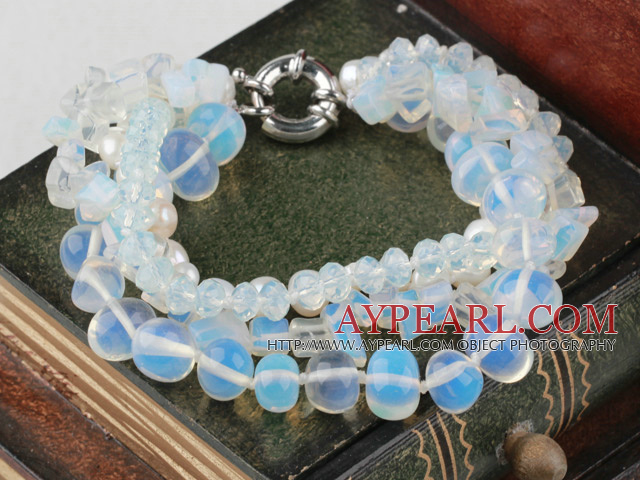 Multi Strand Vit Sötvatten Pearl Crystal och Opal Armband