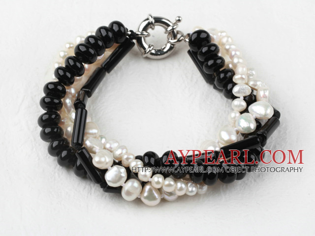 Multi Strand White Freshwater Pearl and Black Agate Bracelet