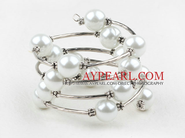 Fashion 12Mm White Shell Beads Wired Wrap Bangle Bracelet