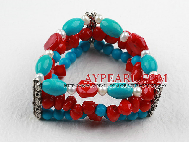 Three Strands Assorted Red Coral and Turquoise Bangle Bracelet