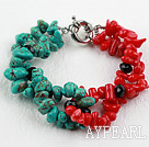 Bracelet corail turquoise et rouge avec mousqueton