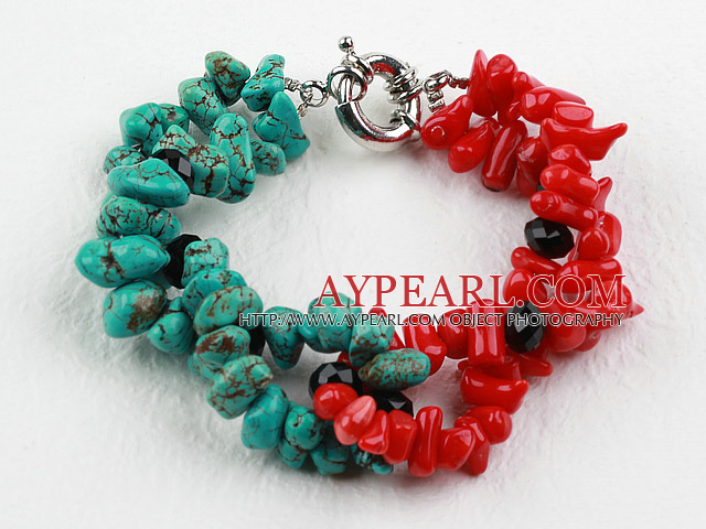 Bracelet corail turquoise et rouge avec mousqueton