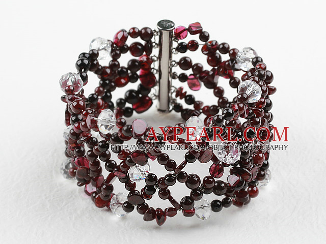 Nytt Design Garnet og Clear Crystal veva Bangle Bracelet med Slide Clasp