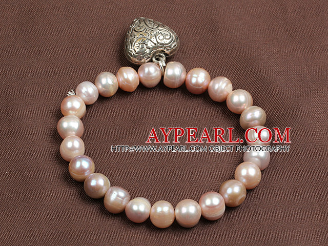Simple Style elegant Natural Pink Pearl de apă dulce Elastic / Stretch brățară cu Tibet argint inima Charm