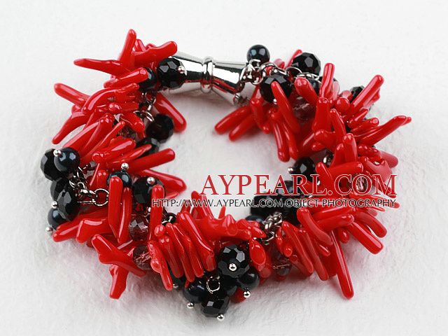 New Design Red Coral Branch and Black Crystal Bracelet with Magnetic Clasp