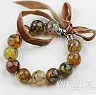 Nice 14Mm Faceted Fire Agate Beaded Bangle Bracelet With Brown Ribbons