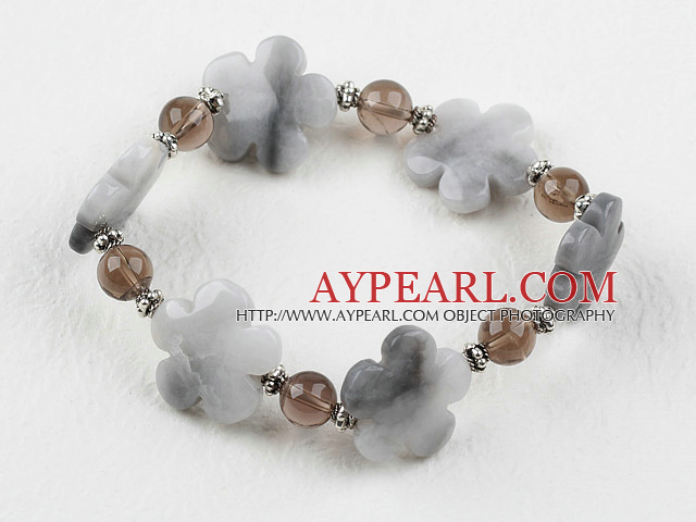 Smoky Quartz og Gray Jade Flower Elastisk armbånd