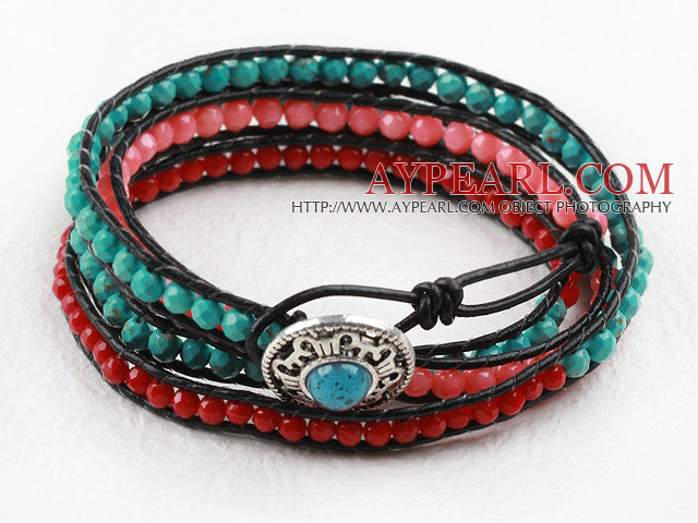 Faceted 3-4mm Coral and Turquoise Wrap Bangle Bracelet