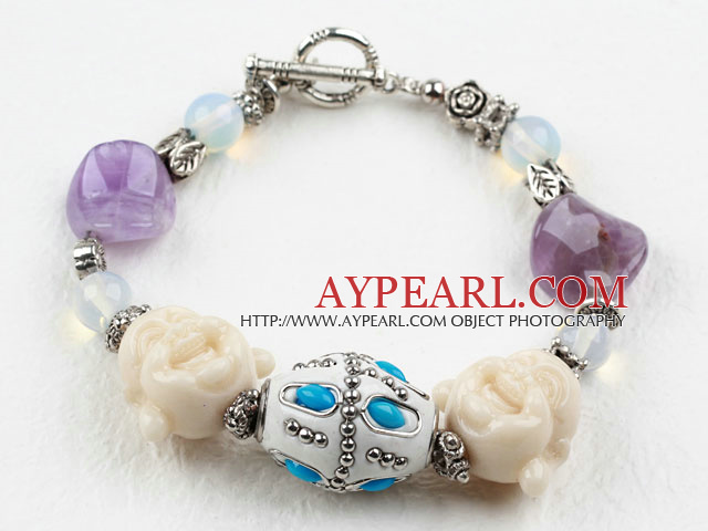 Popular Multi Amethyst Opal And Buddha Head Lucky Bracelet With Toggle Clasp
