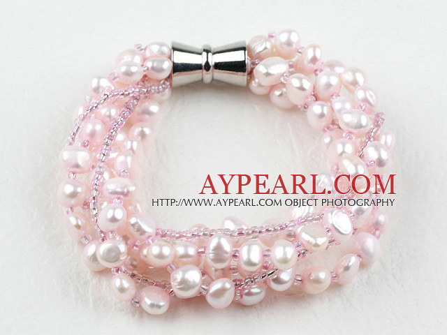 Multi Strand Baby Pink Freshwater Pearl och glaspärlor Armband med magnetlås