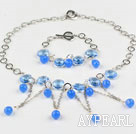 New Design Drop Shape Sea Blue Crystal Set (Necklace Bracelet and Matched Earrings)