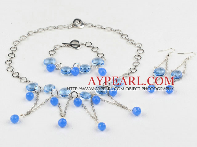 New Design Drop Shape Sea Blue Crystal Set (Necklace Bracelet and Matched Earrings)