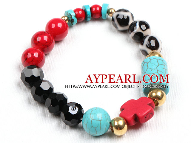 Enkel stil Single Strand Black Crystal Red Blood Stone handmålade Agate Turquoise Pärlor Stretch / Elastisk armband med Cross Charm