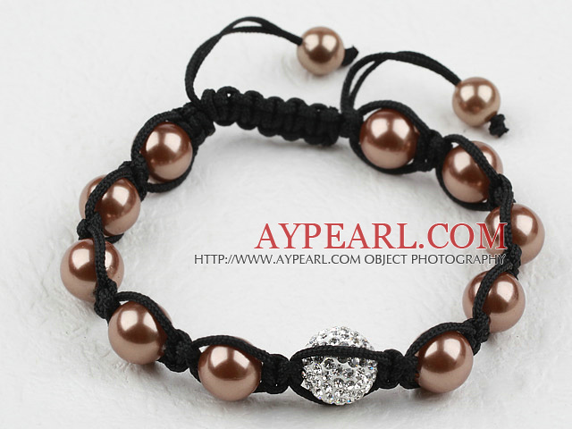 Coffee Color Seashell Beads and Rhinestone Ball Woven Bracelet