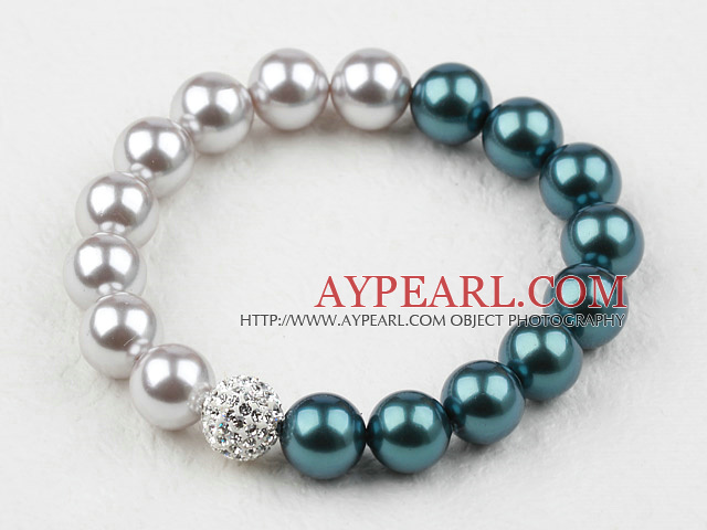 Gray and Peacock Color Seashell Beads and Rhinstone Ball Elastic Bangle Bracelet