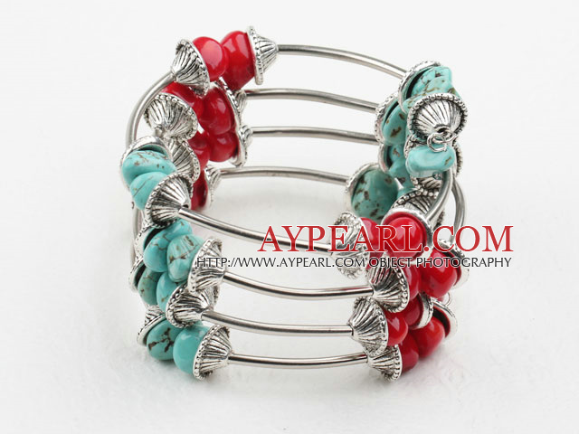 Assortert Red Coral og Turquoise Wrap Bangle Bracelet