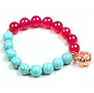 Simple Style Single Strand Blue Turquoise Rose Red Agate Beads Stretch / Elastic Bracelet With Golden Rose Color Hollow Heart Charm