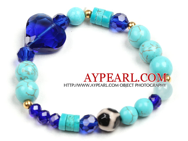 Simple Style Single Strand Blue Turquoise Hand-Painted Agate Dark Blue Heart Shape Crystal Bead Stretch / Elastic Bracelet