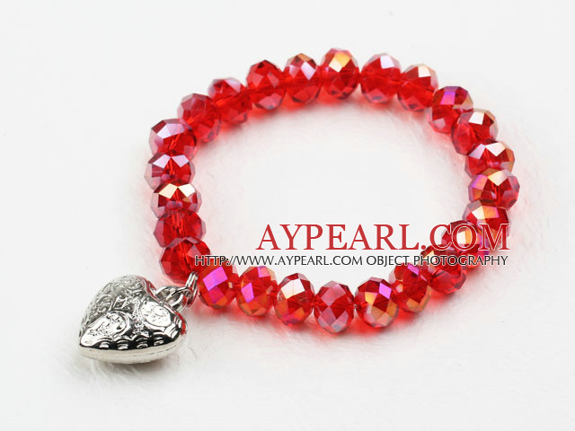 Rouge foncé Manmade Cristal Bracelet élastique avec Accessoires forme de coeur en métal