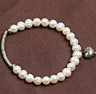 Simple Elegant Style Natural White Freshwater Pearl Elastic/ Stretch Bracelet With Tube And Heart Charm