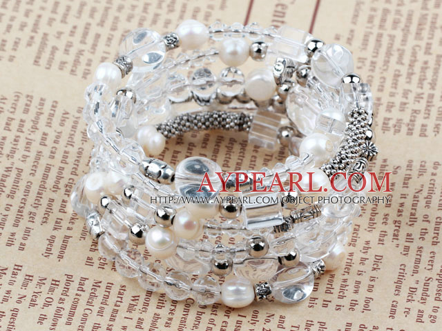 Assorted hvit ferskvannsperle og Clear Crystal Wrap Bangle Bracelet
