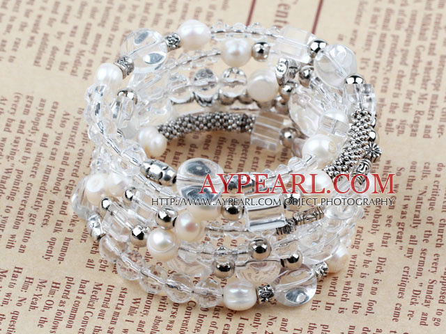 Asortate de apă dulce Pearl White şi Clear Crystal Wrap brăţară brăţară